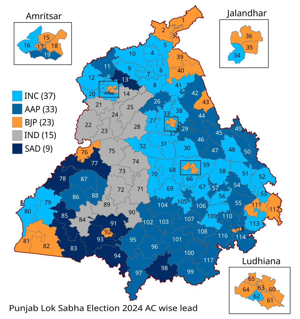2024 Punjab Lok Sabha election alliance wise results map (INDIA vs NDA vs Others)